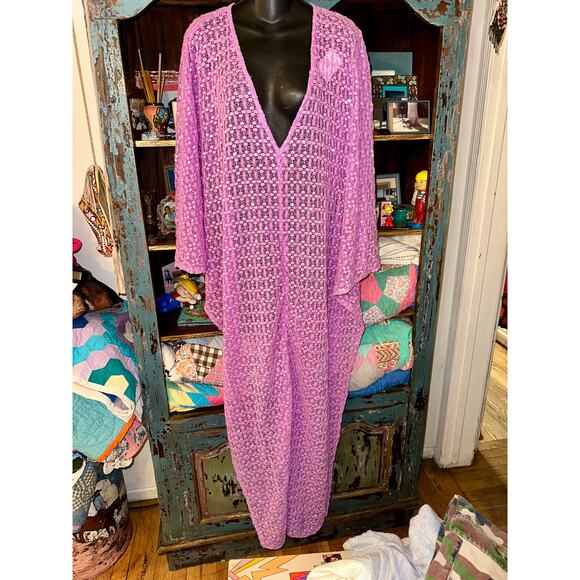 NWT SUNDRESS HELENE LAVENDER LILAC CROCHET SEQUINS CAFTAN KAFTAN f - Picture 8 of 12